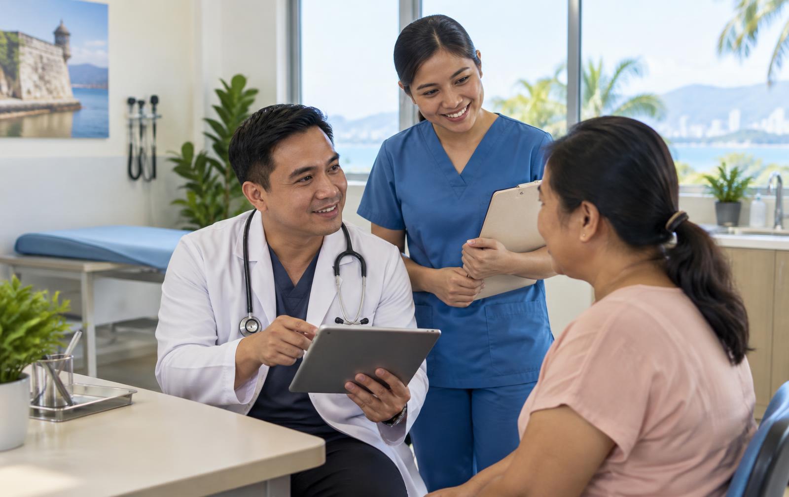 Filipino clinic team consulting with a patient